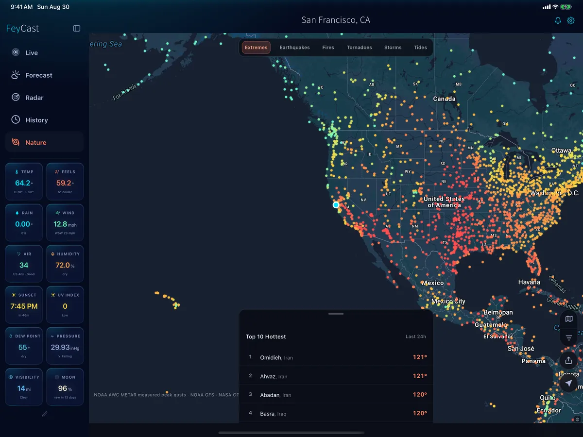 FeyCast global extremes on iPad