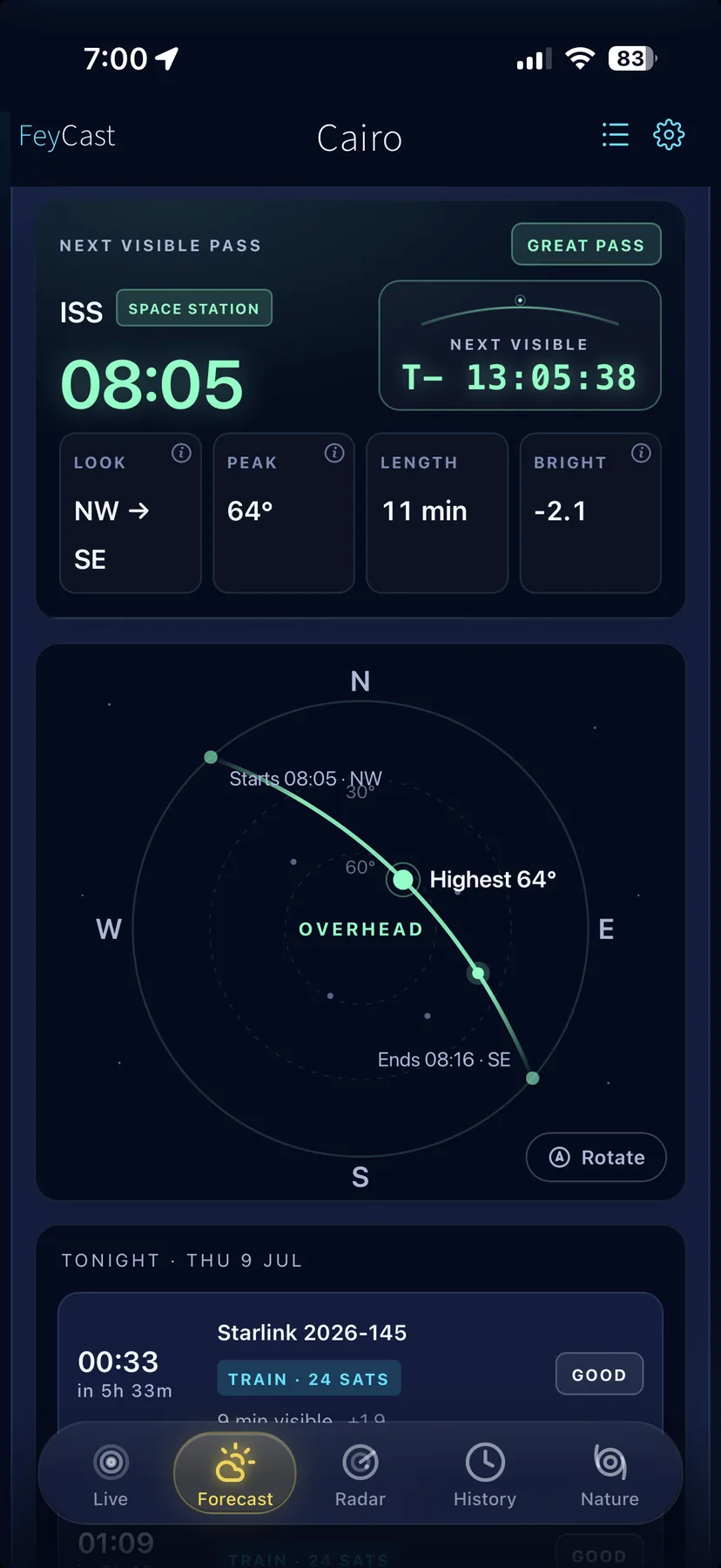 FeyCast visible satellite passes